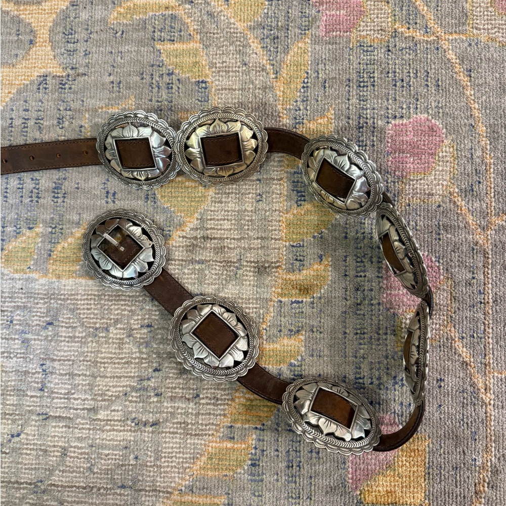 Brighton 1993 Sunflower Western Brown Leather Concho Belt Silver-Tone Buckles - Picture 3 of 9